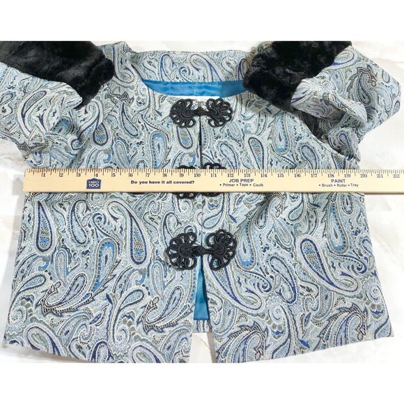 Trina Turk Los Angeles Palm Springs Paisley Peacock Fur Cuff Jacket Sz 10 - Picture 3 of 12